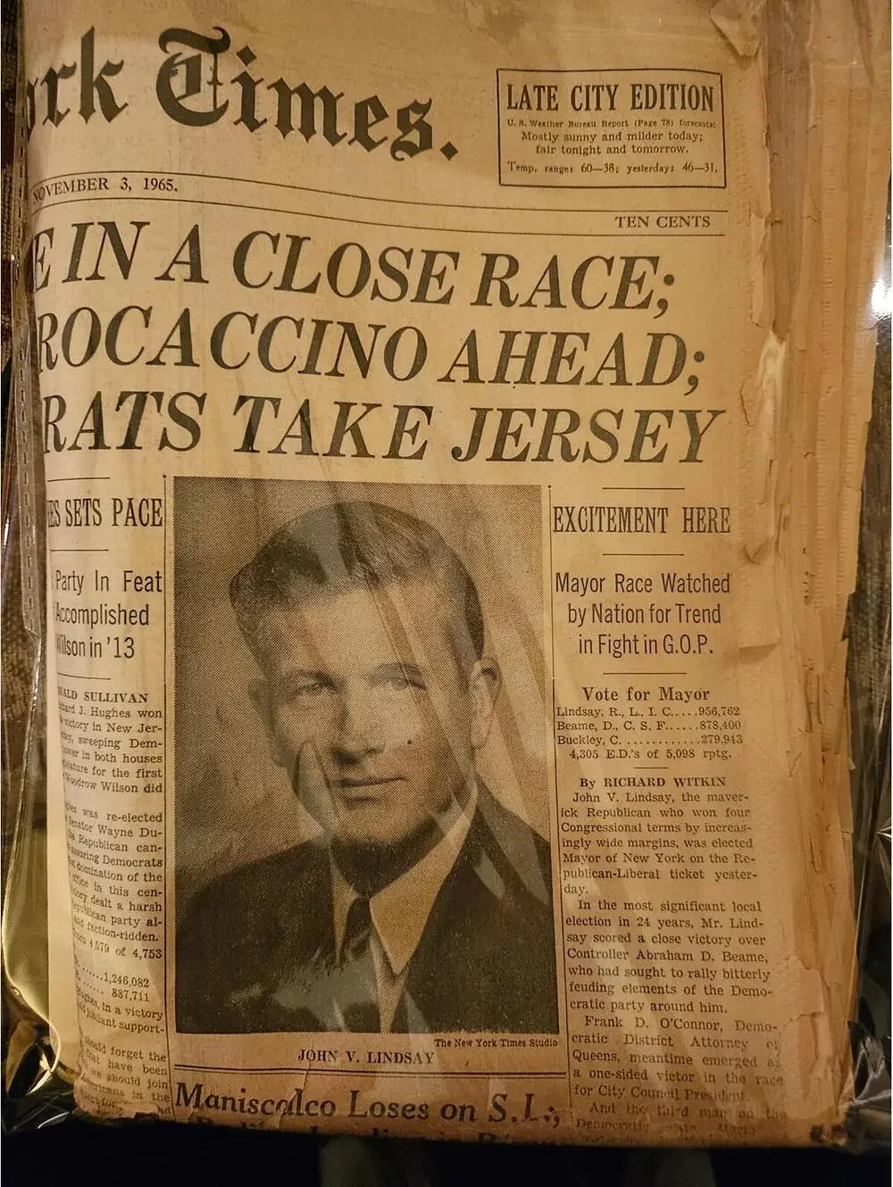 The New York Times , Nov 3, 1965 - Election coverage. Lindsay new NY governor
